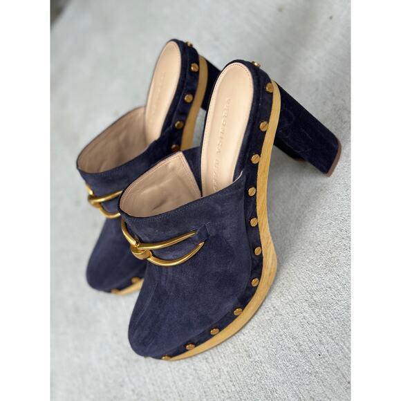 NWOT Veronica Beard Women’s 8.5M Giles Clogs Navy Suede Leather Platform Mules - Picture 7 of 11